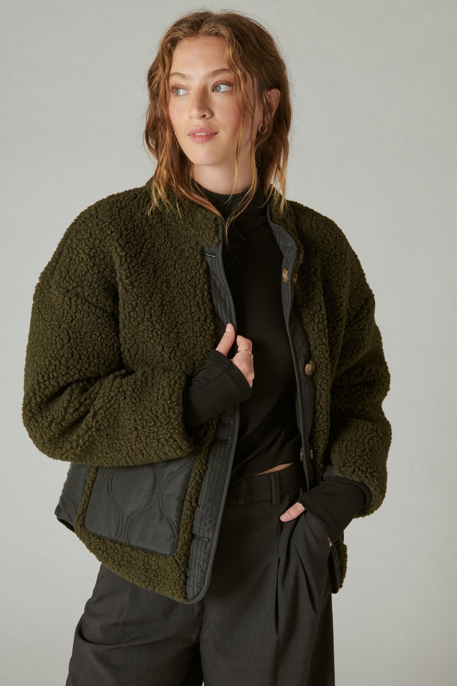 reversible mixed media faux shearling jacket